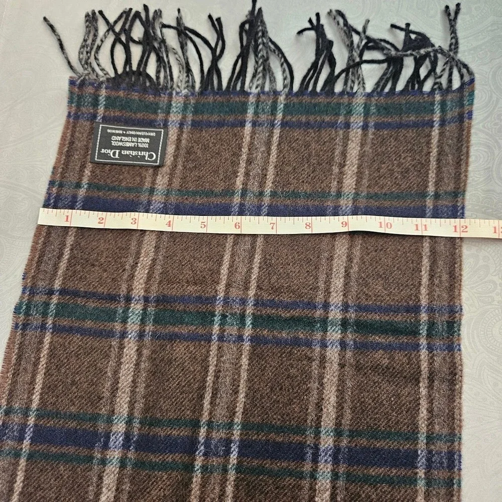 Christian Dior Vintage Brown Plaid Lambswool Scarf Made in England Fringed